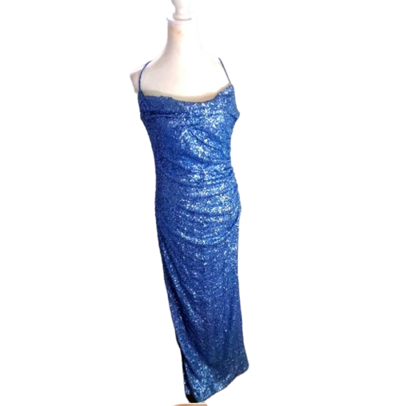 Laundry by Shelli Segal Sequin Cowl Neck Gown Blue Woman's Size 10 - Picture 2 of 5